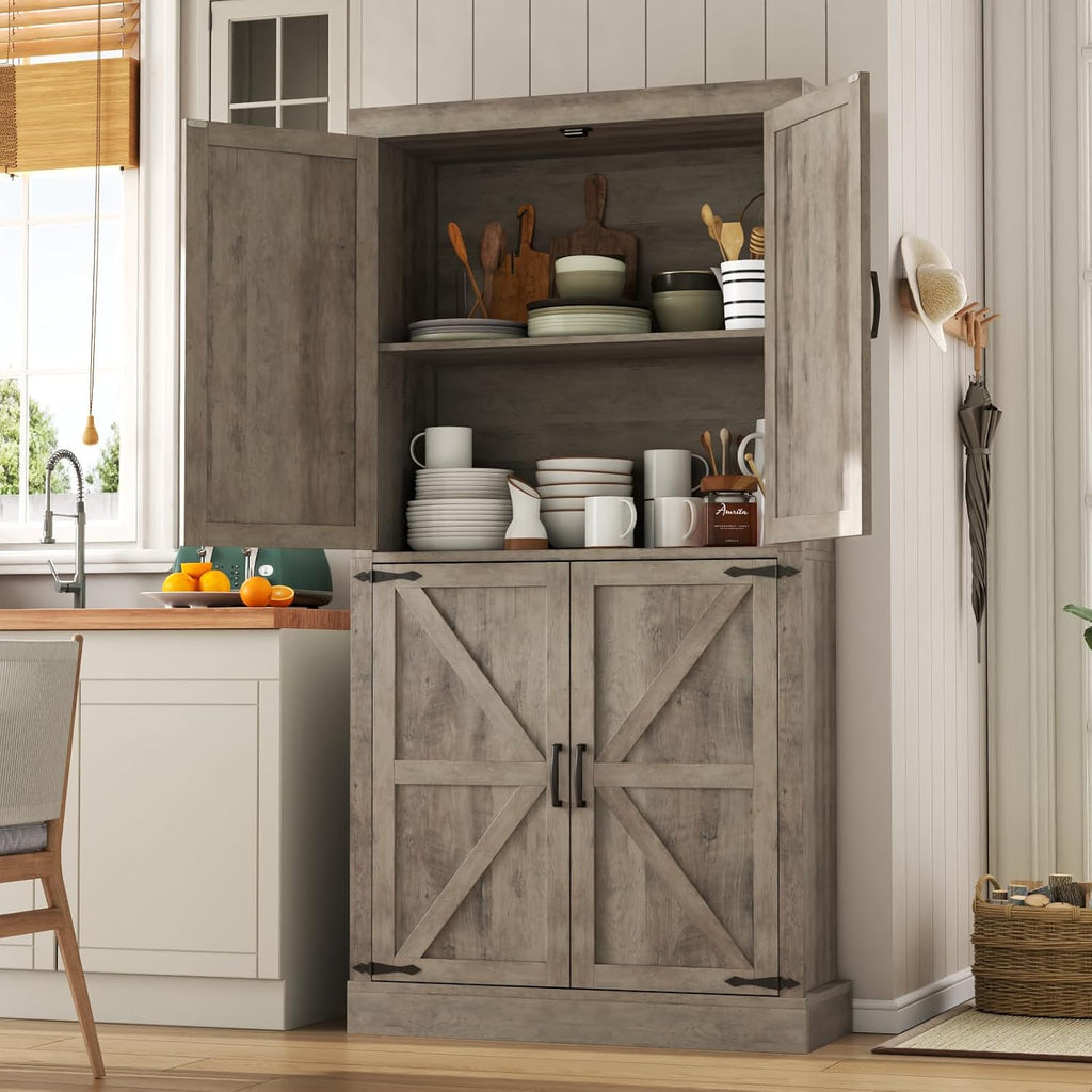 Farmhouse Kitchen Pantry Cabinet,69.1" Tall Kitchen Storage Cabinet with Adjustable Shelf,Modern Bathroom Storage Cabinets,Freestanding Floor Cabinets Cupboard for Living Room,Dining Room (Retro Grey)