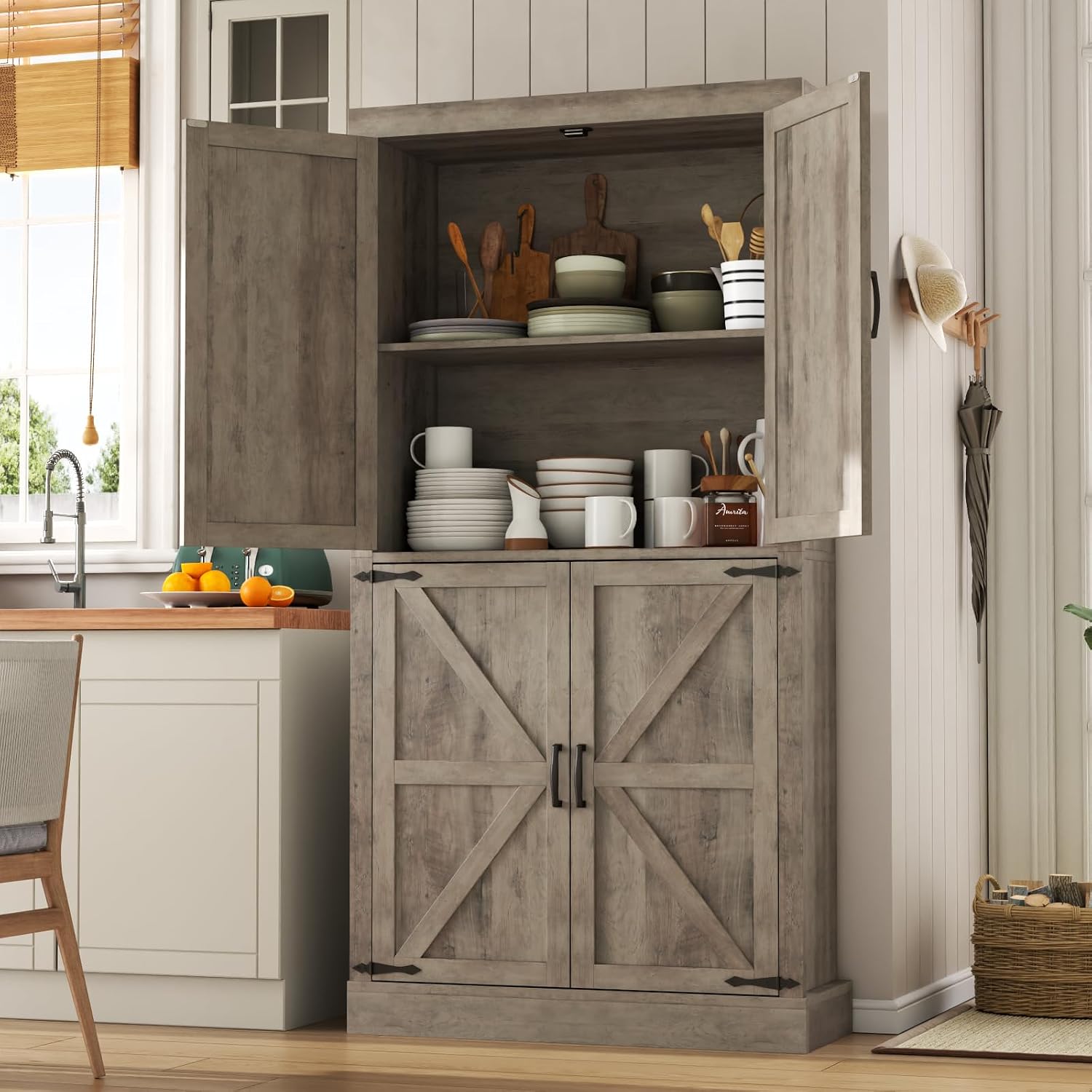 Farmhouse Kitchen Pantry Cabinet,69.1" Tall Kitchen Storage Cabinet with Adjustable Shelf,Modern Bathroom Storage Cabinets,Freestanding Floor Cabinets Cupboard for Living Room,Dining Room (Retro Grey)