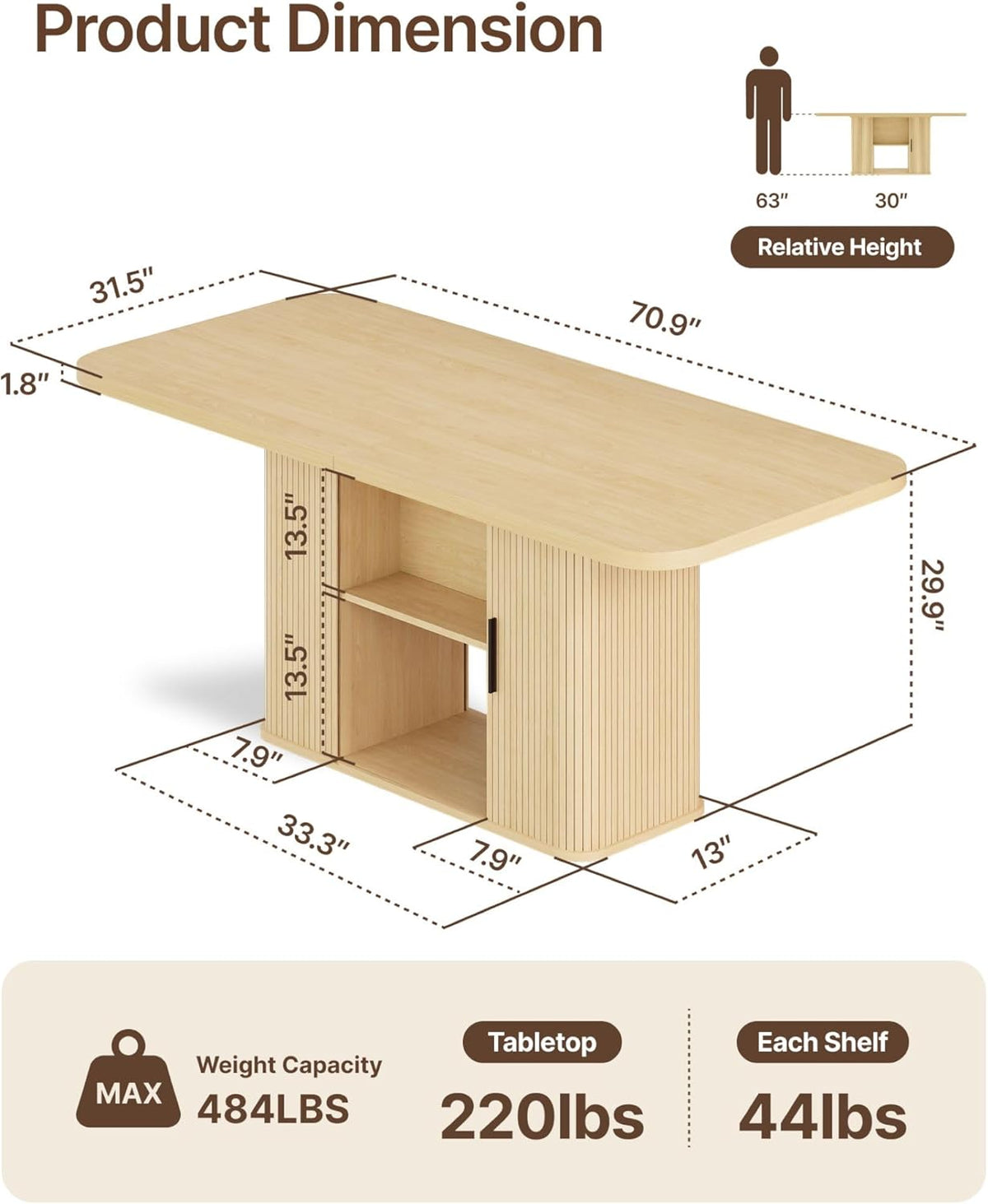 SUNCOZE Mid-Centur Dinner Tables for 4/6/8, 70.9" Rectangle Dining Room Table with Large Tabletop and Sliding Tambour Doors, Fluted Dining Table 2-Layer Storage for Kitchen and Living Room, Wood