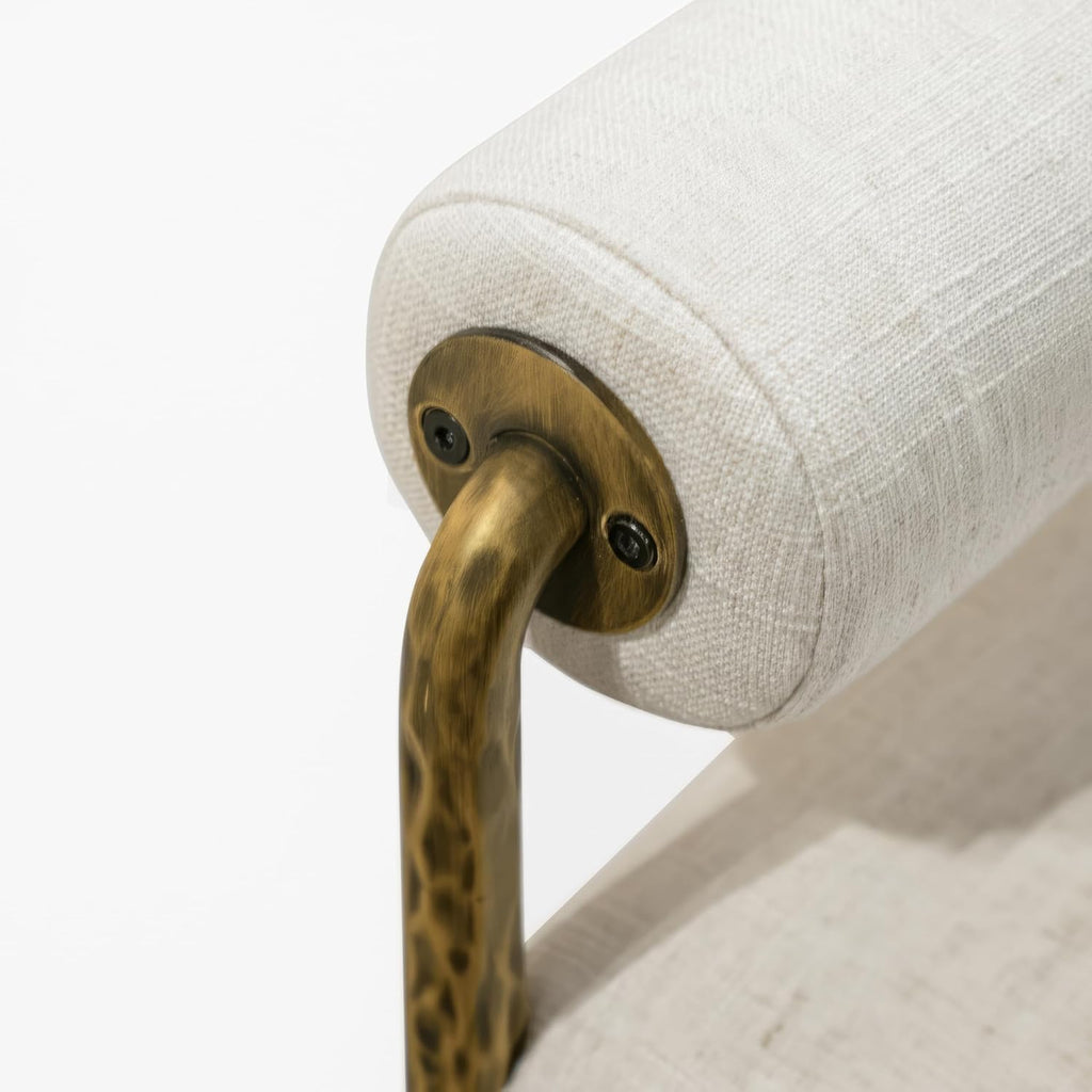 24/7 Shop at Home Lalia Upholstered 48-inch Metal Bench with Padded Roll Arms, Beige Fabric Seat, Hammered Forged Steel Frame, Modern Bedroom or Entryway, Matte Gold