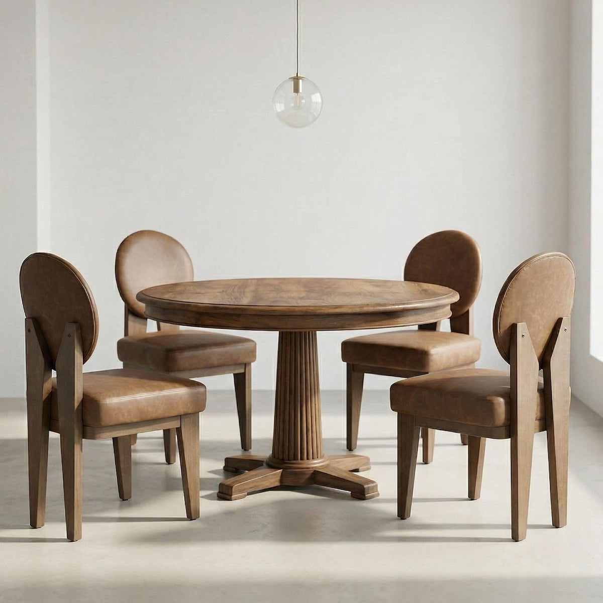 Hyfirm Mid-Century Modern Walnut Dining Chairs Set of 4, Vintage Brown Leather Wooden Kitchen Chairs, Retro Upholstered PU Cushioned Seat with Curved Backrest, Armless Accent Side Chair for Bedroom
