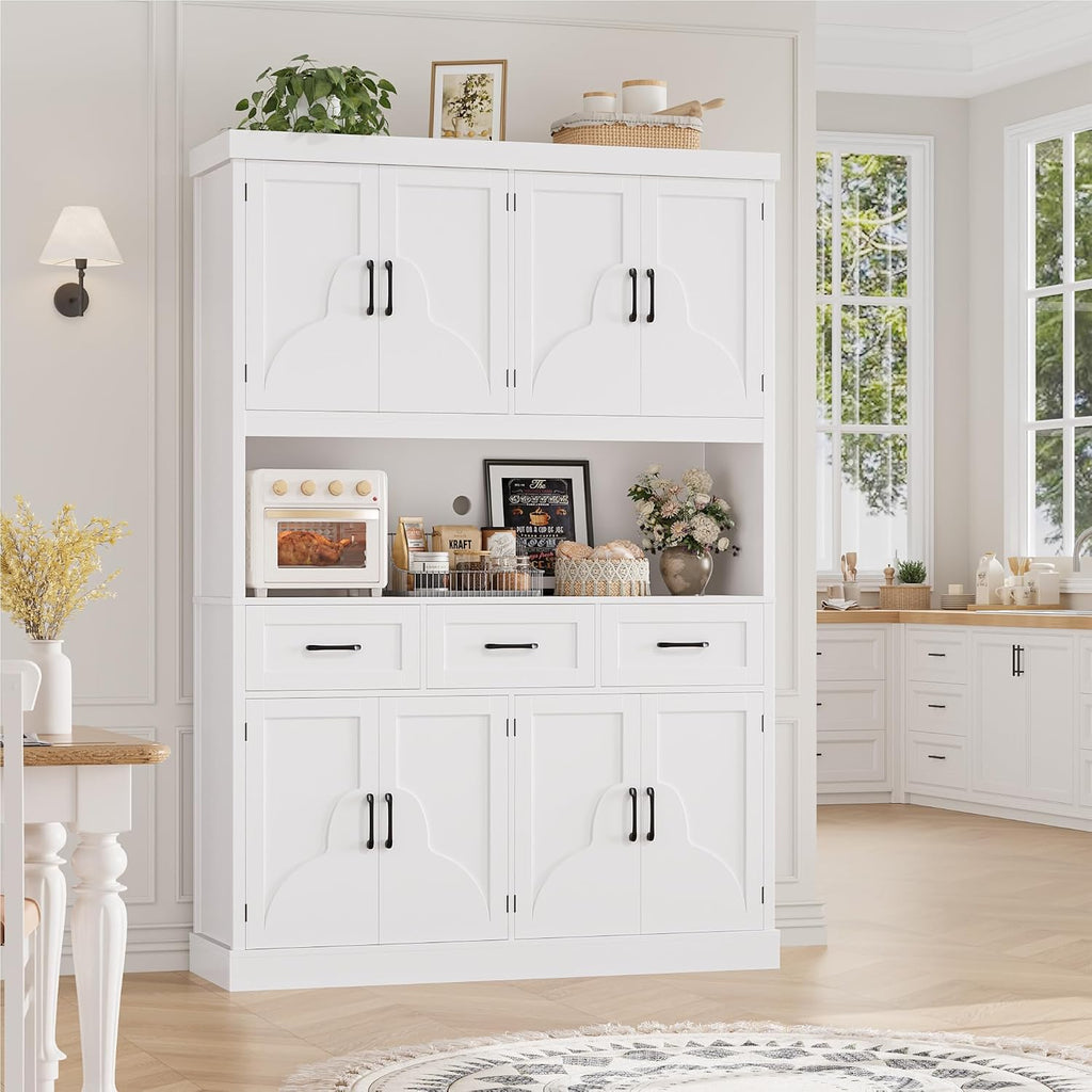 HITHOS 55“W Kitchen Pantry Cabinet, 76" Tall Hutch Storage Cabinet, White | Large Kitchen Pantry Storage Cabinet with Countertop, Modern Kitchen Hutch, Wood Coffee Bar with Drawers for Dining Room