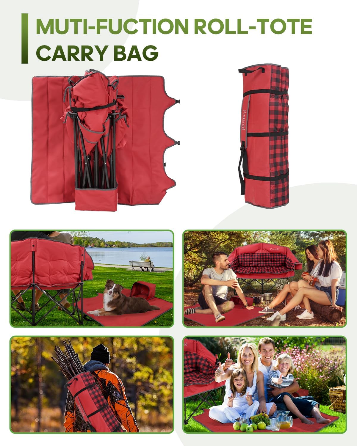 Double Camping Chair Padded Loveseat Camp Couch for Adults, Oversized 2 Person Love Seat with 2 in 1 Carry Bag, Heavy Duty Folding Outdoor Sofa with Cup Holders for Lawn Beach Tailgating, Red