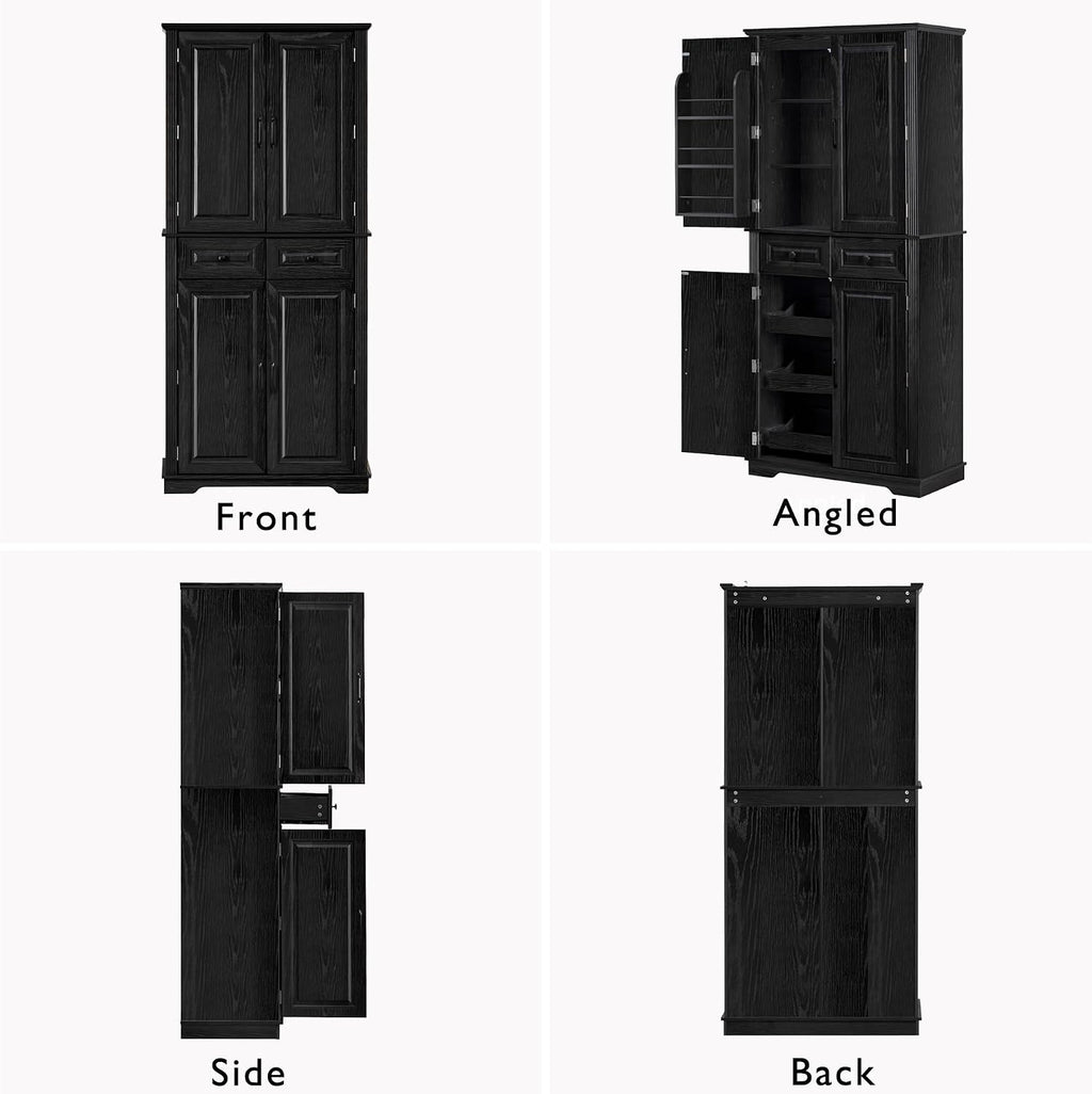 71" Tall Kitchen Pantry Cabinet, Freestanding Pantry Storage Cabinet with 3 Pull Out Organizers, 6 Door Shelves & 2 Drawers, Farmhouse Embossed Texture Cupboard for Kitchen, Dining Room, Black
