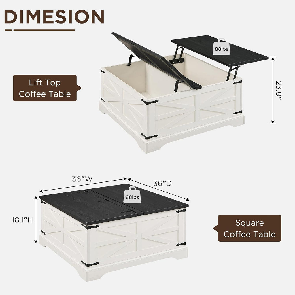 JXQTLINGMU 3-Piece Farmhouse Coffee Table and End Table Sets, Includeds 36" Lift Top Square Coffee Table w/Storage & 2 Rustic Wood End Tables w/Charging Station & Barn Doors for Living Room, White
