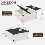 JXQTLINGMU 3-Piece Farmhouse Coffee Table and End Table Sets, Includeds 36" Lift Top Square Coffee Table w/Storage & 2 Rustic Wood End Tables w/Charging Station & Barn Doors for Living Room, White