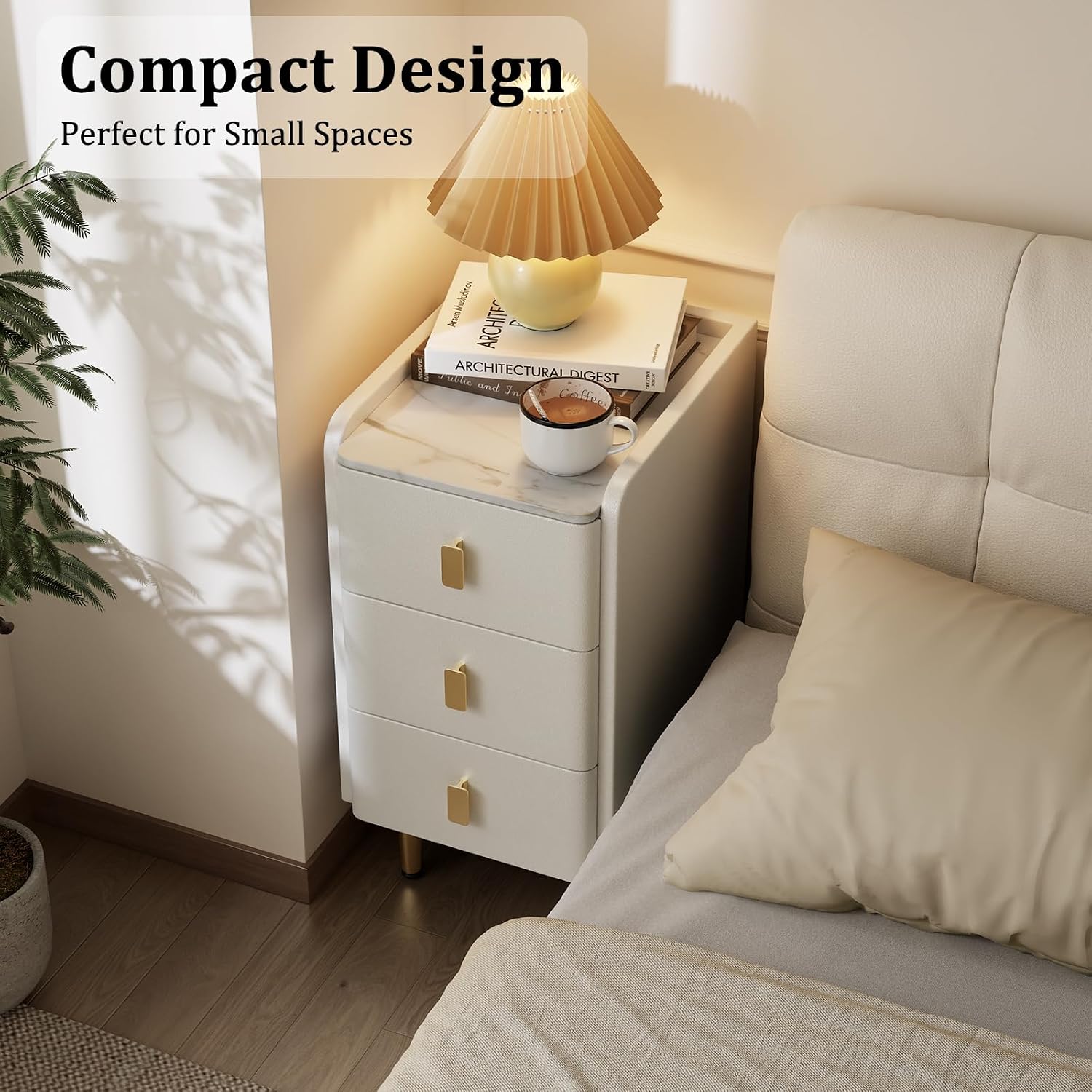 AQIMUELE Narrow Nightstand with Drawers, Narrow Side Table Leather, Small Bedside Tables for Bedroom. (White)