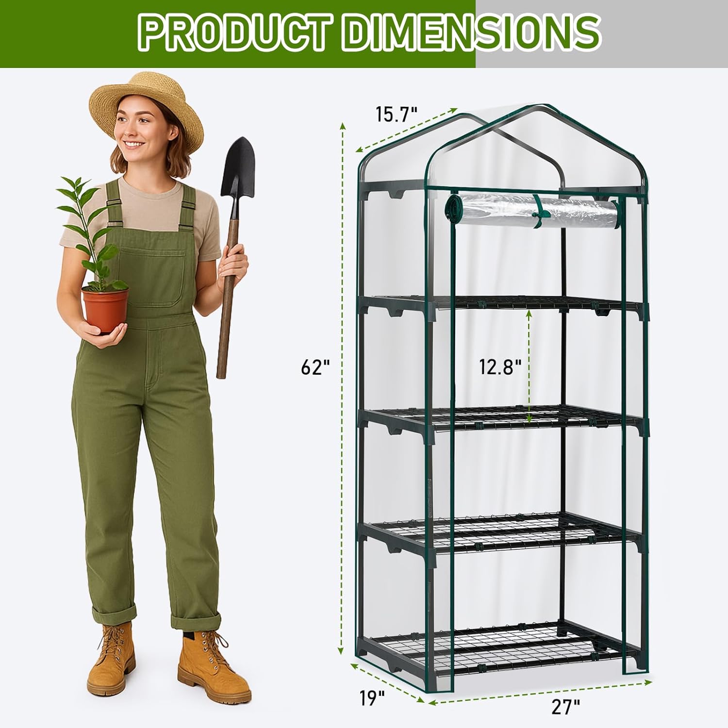 Outvita Mini Greenhouse, Small PVC Plant Green House with 4 Tiers Rack, Shelf Clips, Roll-up Zipper Door, Gardening Supplies for Indoor Outdoor Seedling Frost Protection, 27"x19.6"x63" Transparent