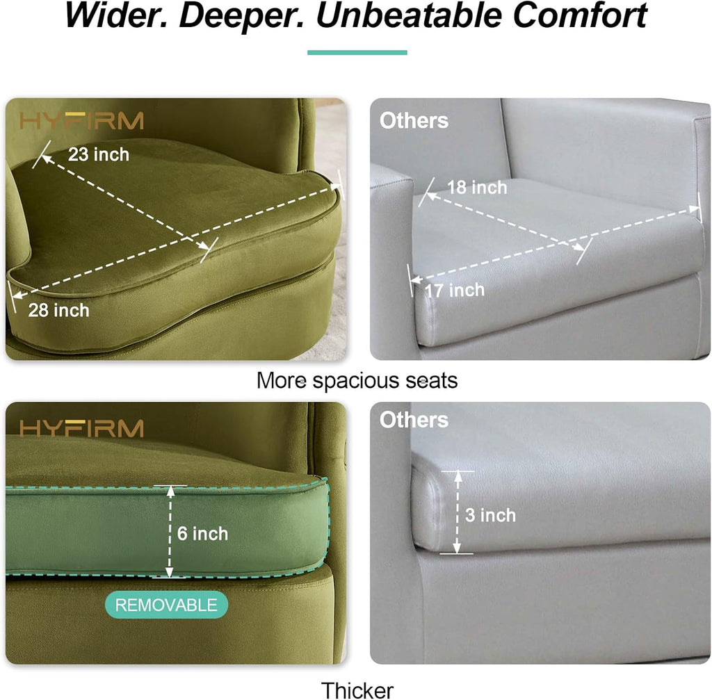 Hyfirm Modern Accent Chair, Swivel Barrel Armchair for Living Room, Button Tufted Velvet Comfy Chairs, Round Upholstered Single Sofa Seating with Gold Base, Green