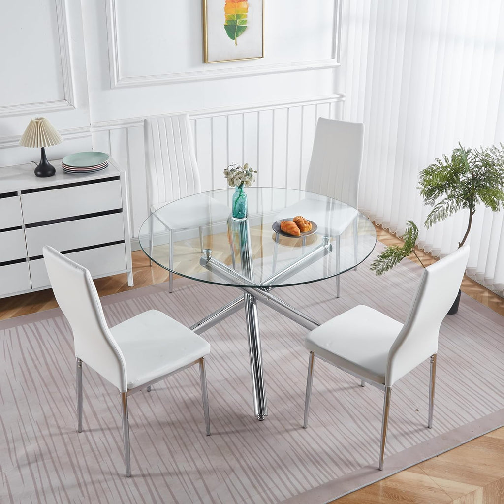 Modern Dining Room Table for 4 People, 36" Round Dining Table with Silver Chrome Metal X-Base, Circle Tempered Glass Dining Room Tables, Small Dining Table Kitchen Tables Dinner Tables
