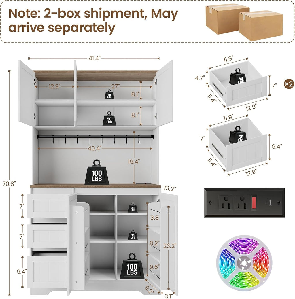 70.8" Tall Kitchen Pantry Cabinet with Adjustable Shelves, Farmhouse Kitchen Hutch with 5 Doors and 3 Drawers, LED Pantry Storage Cabinet with Charging Station for Dining Room, White