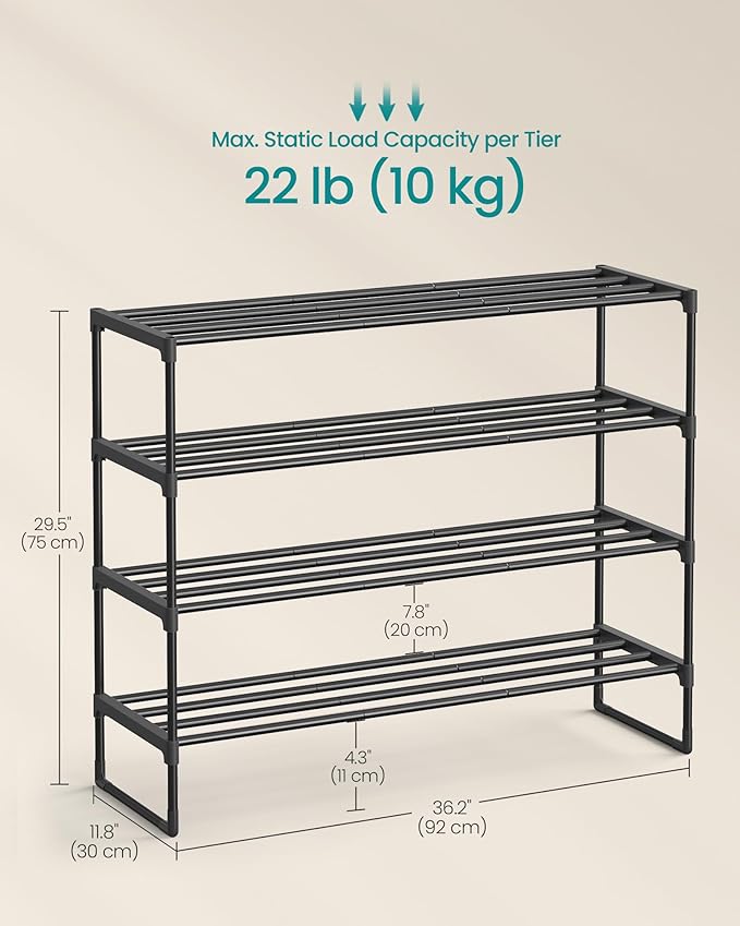 SONGMICS Shoe Rack, 4-Tier Shoe Organizer, Metal Storage Shelf, Upright or Upside Down, for 20-25 Pairs, Stackable, for Entryway, 11.8 x 36.2 x 29.5 Inches, Black ULSA14BK