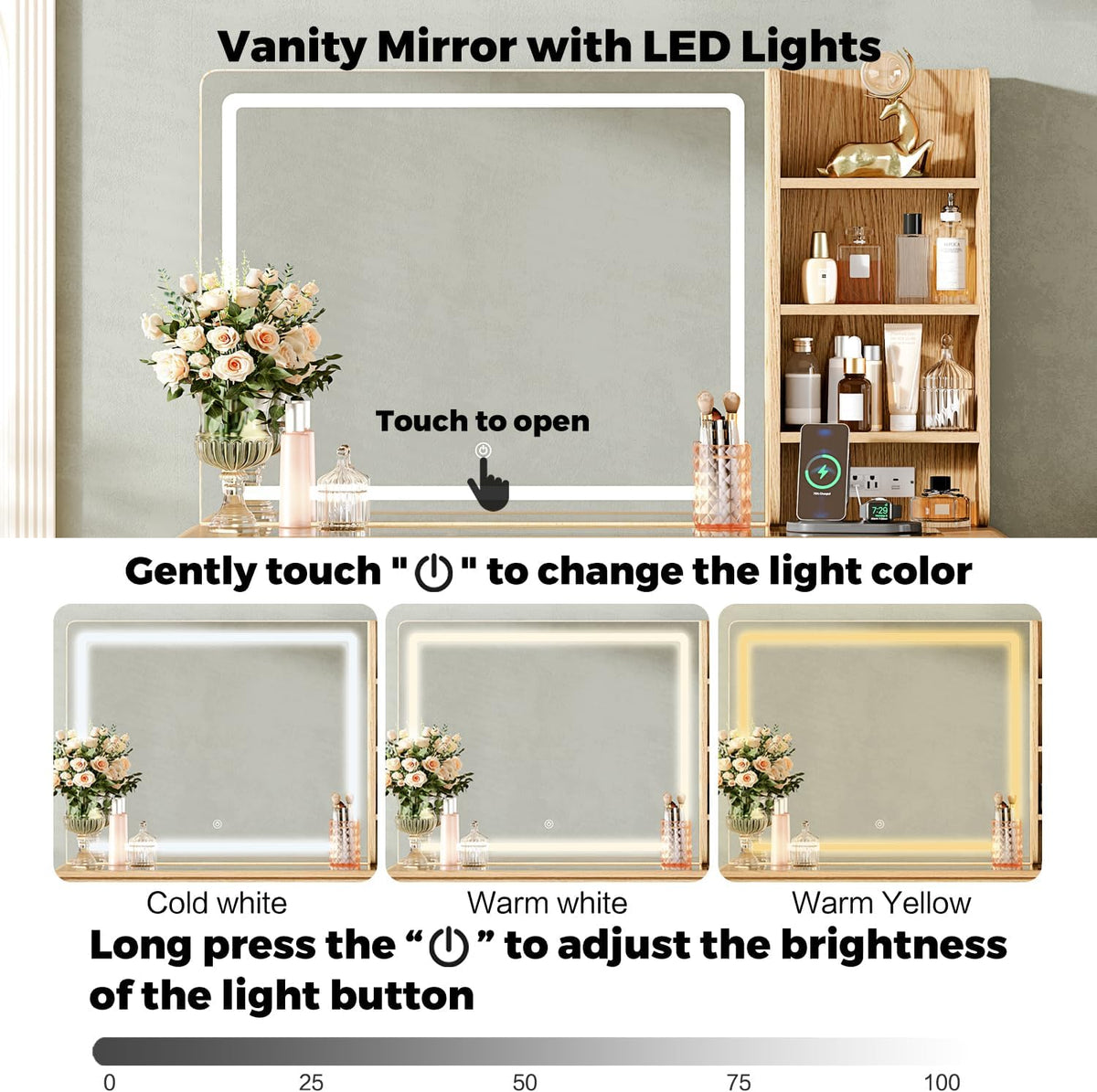 47“Makeup Vanity Desk with Mirror and Lights, Vanity Desk with 7 Drawers & Storage Shelves, Vanity Table with Power Outlet, 3 Color Modes & Adjustable Brightness Dressing Table, Bedroom,Wood
