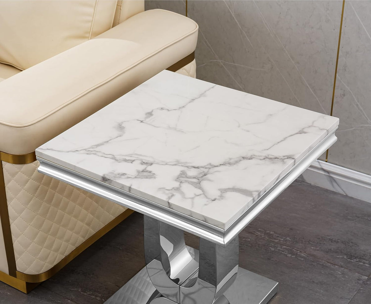 Faux Marble End Table, Modern Rectangular Conner Table with Faux Marble Top U Shape Stainless Steel Base for Bedroom Home Office