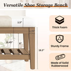 Apicizon 45" Shoe Rack Bench with Cushion, Solid Rubberwood Entryway Bench with Shoe Storage, Modern Chenille Upholstered Shoe Storage Bench for Hallway Bedroom Living Room Front Door Entrance, Beige
