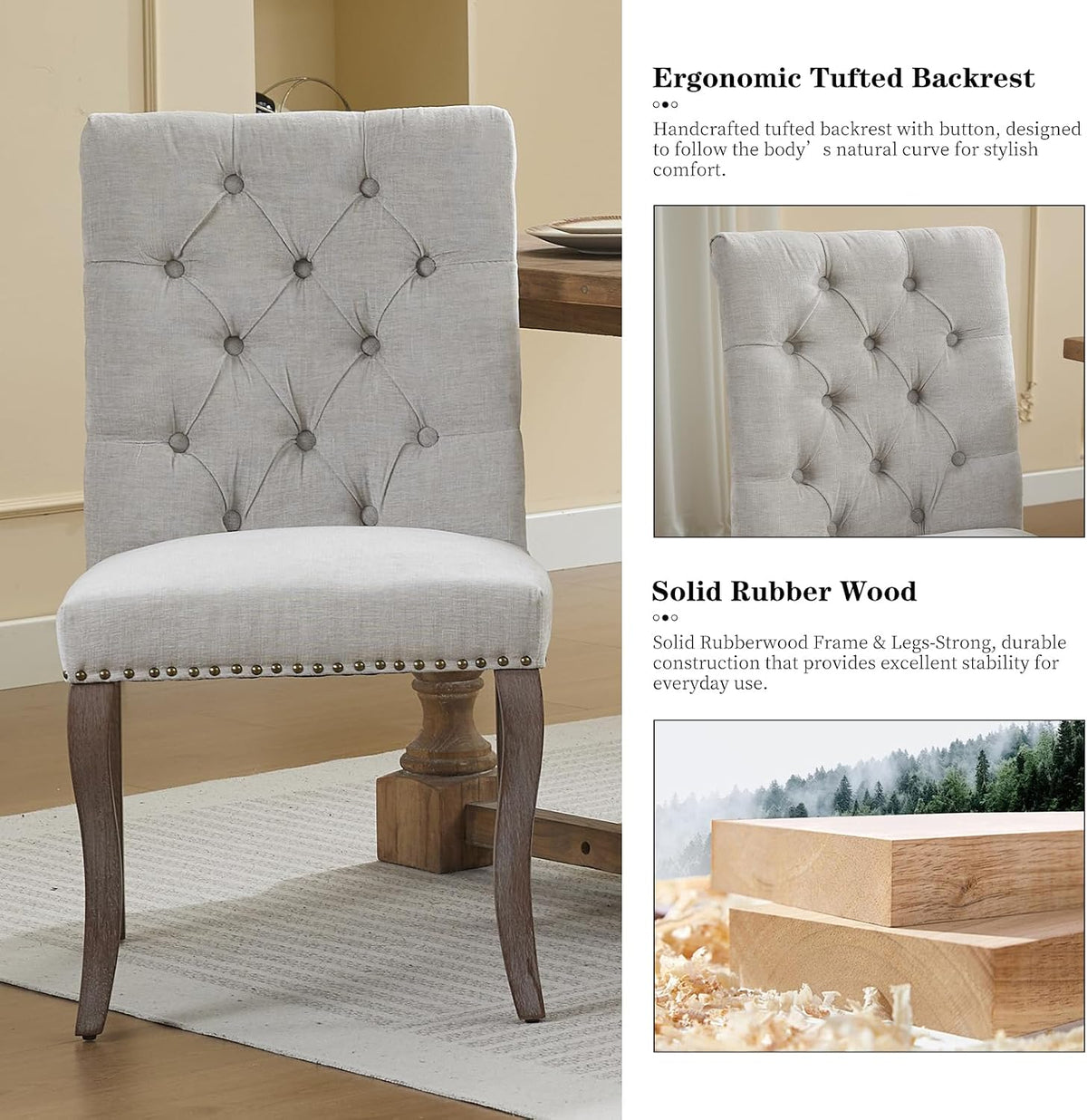 Modern Dining Chairs Set of 6, Upholstered Accent Parsons Dinning Chairs with Tufted Back and Solid Wood Legs, Comfortable Chenille Fabric Kitchen Chairs for Dining Room/Kitchen, Beige