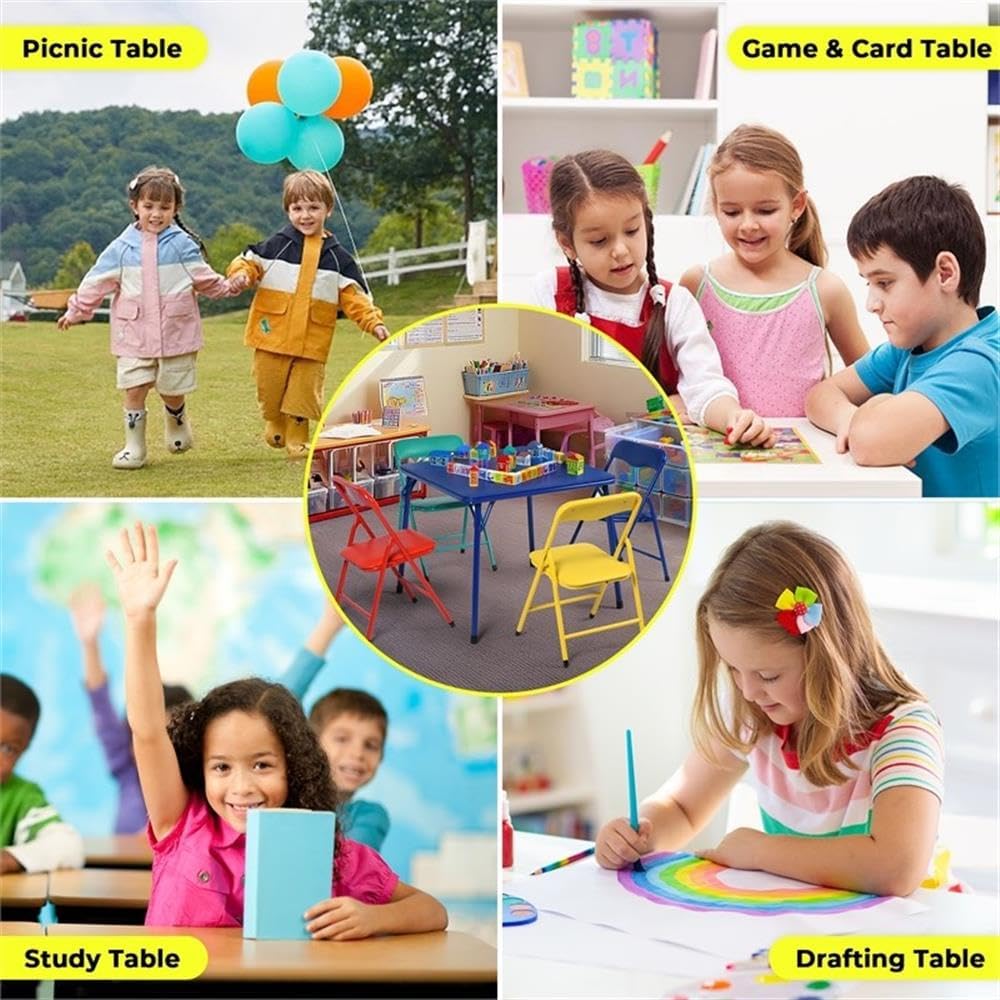 Pemberly Row Kids' Table Chair Set, Multicolor, 4-Piece Set, Includes Yellow, Pink, Blue, Green Chairs, Foldable Sturdy Table, Child-Safe Materials, Lightweight Design, Ideal for Ages 3-8