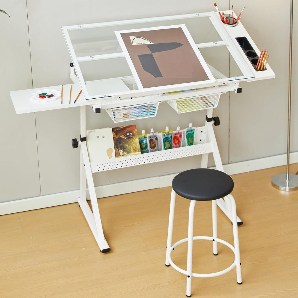 Drafting Table w/Stool, Height Adjustable Drawing Table, Multifunctional Art Craft Paintings Work Station w/2 Storage Drawers Artists Desk Tilting Glass Tabletop for Home Office Black (White)