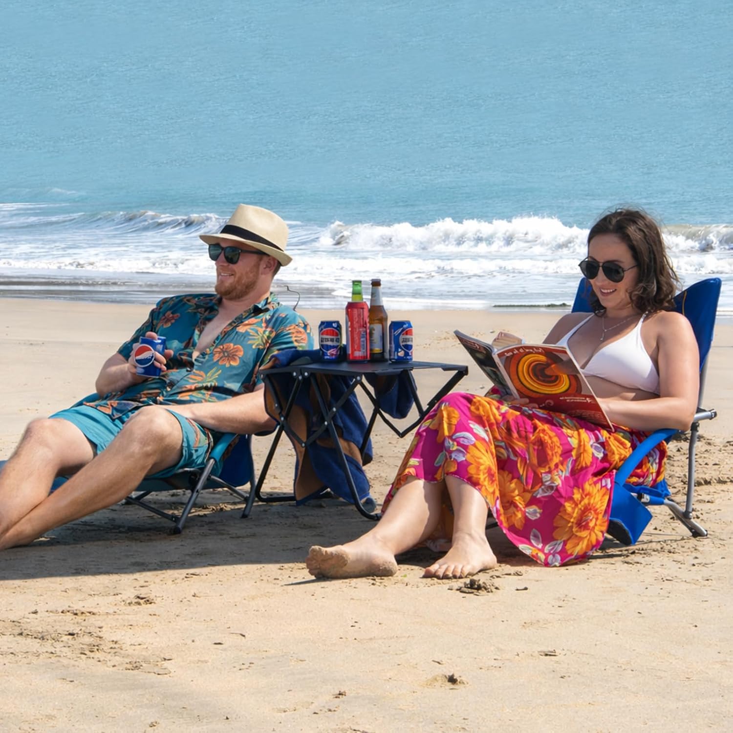 Romswi 2 Pack Lightweight Low Beach Chairs with Breathable Mesh Back, 6LBS Folding Portable Sand Chairs with Cup Holder, Heavy Duty 300lbs Capacity for Camping & Outdoor Use, Blue