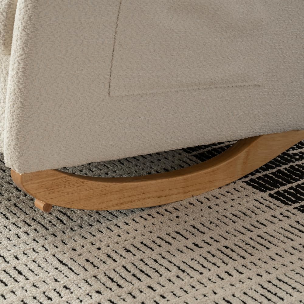 Chair with Footrest High Back Rubber Wood Rocking Legs Bedroom Living Space (Beige + Wood)