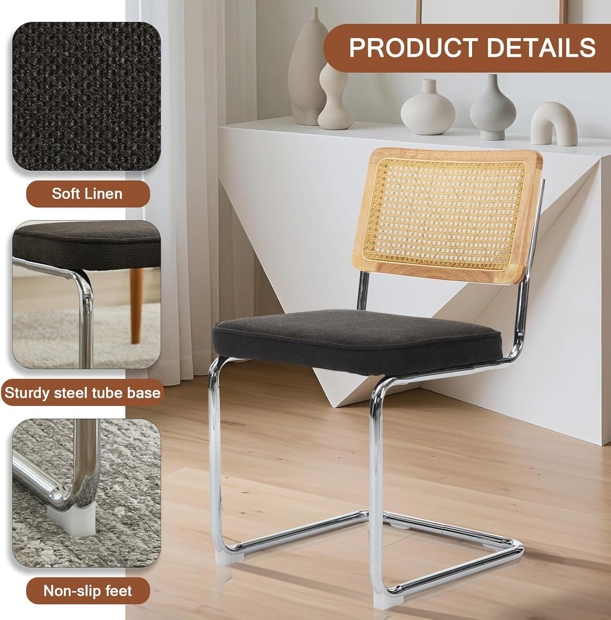 Rattan Back Linen Dining Chair Set of 4 Modern Stainless Chrome Base Armless Upholstered Side Chair for Dining Room, Kitchen Island,Black