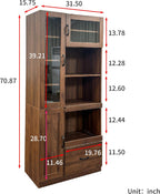 Walnut Kitchen Hutch Cabinet, Farmhouse Buffet Sideboard with Coffee Bar | Slide out tray, clear glass doors, open microwave counter, large bottom drawer, tall pantry cupboard, storage unit
