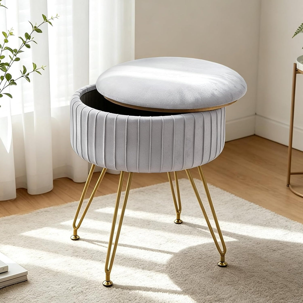 Round Vanity Stool with Storage Ottoman, Vanity Chair for Makeup Room with Removable Cover, Small Footrest Ottoman for Home, Living Room, Bedroom (Grey)