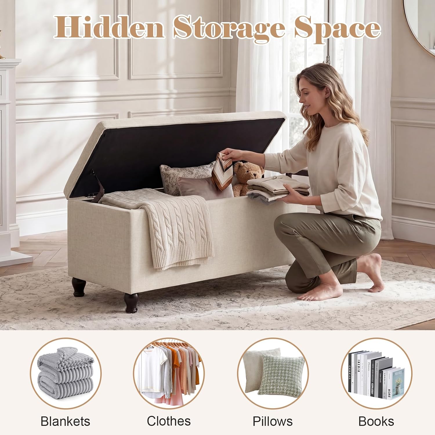 Homebeez 41" Linen Storage Ottoman Bench with Button Tufted Top & Wooden Legs, Upholstered Storage Bench for Bedroom, Entryway, Living Room