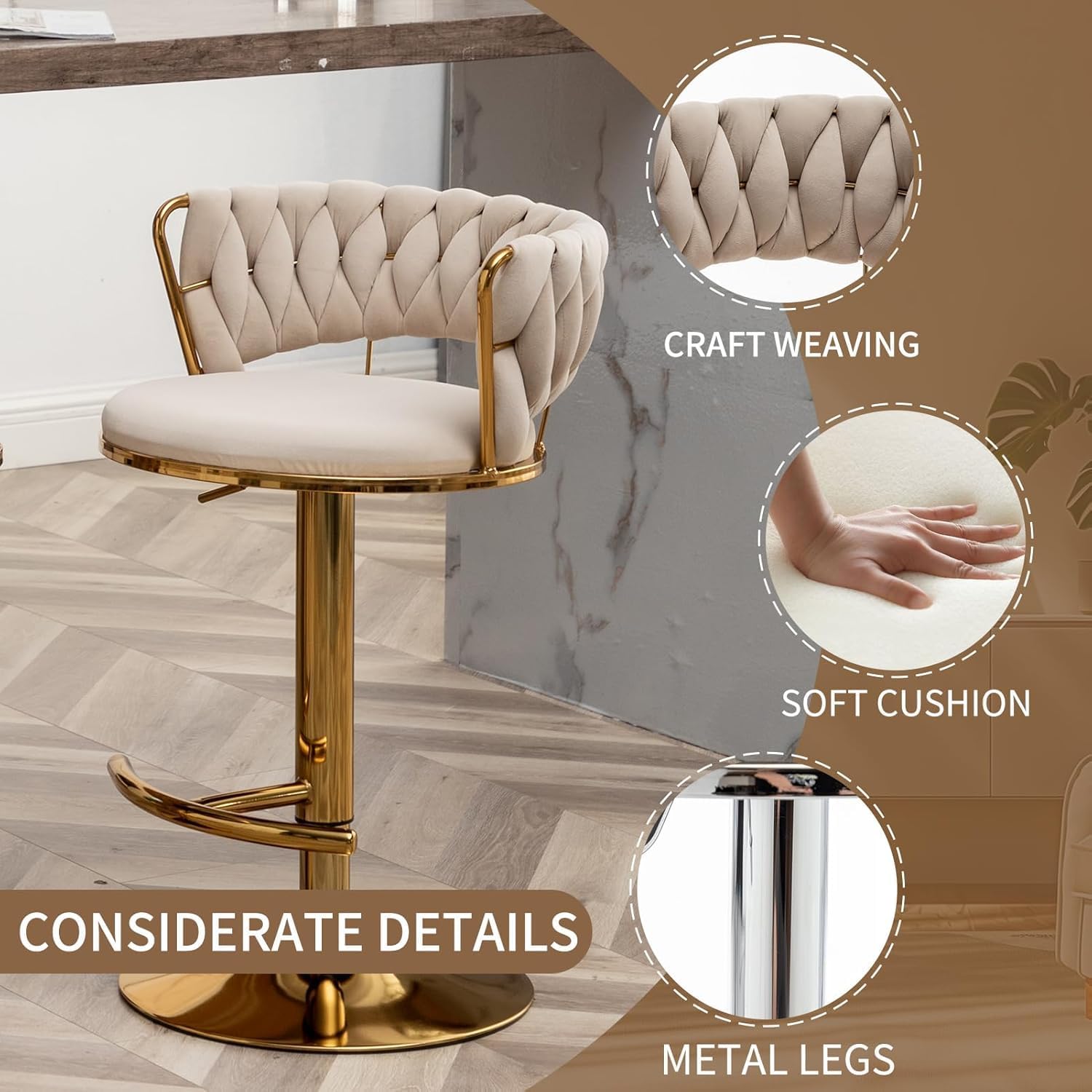 Gold Bar Stools Set of 3, Counter Stools for Kitchen Island (Beige) | Adjustable Height Barstools with Woven Backs, Luxury Velvet Upholstery, Swivel Bar Chairs for Home Bar, Cafe