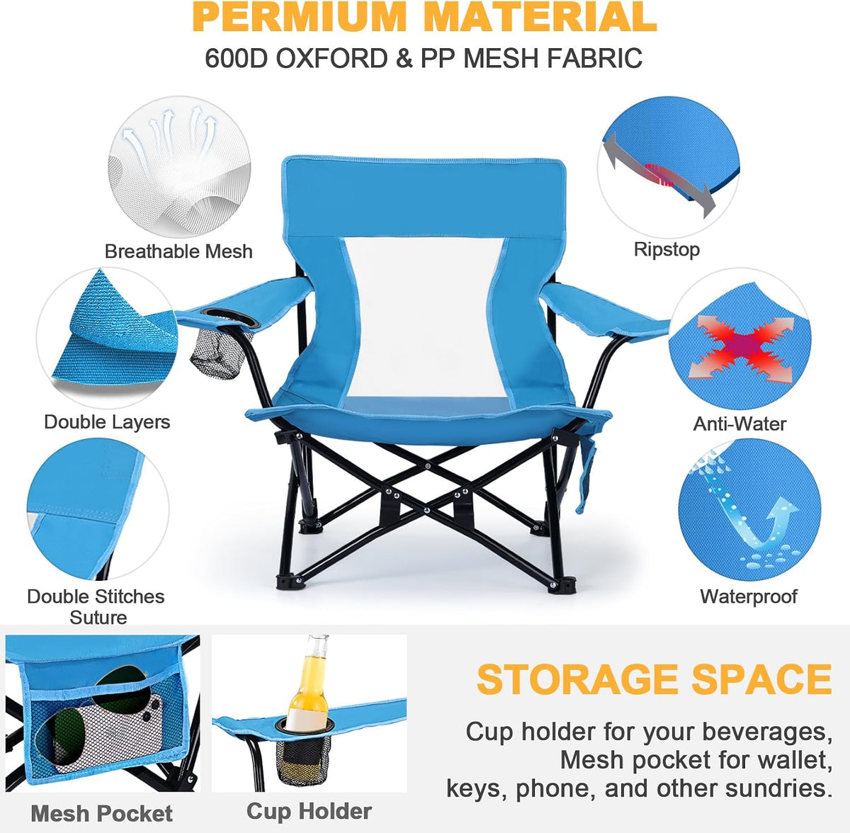 Joyfair Beach Camping Chair (2 Pack), Folding Chair for Adults (Blue) | Heavy Duty Outdoor Portable Chair with Armrest for Outside Lawn, Sport, Fishing, Cup Holder & Storage Pocket, Carry Bag