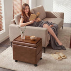 16" Faux Leather Storage Ottoman Foot Rest Stool with Wooden Tray, Footstool with Side Pocket & Wheels, Small Space Coffee Table & Seat for Living Room, Bedroom, Vintage Orange