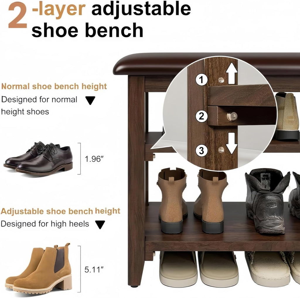 Shoe Bench Storage with Leather Cushion, Rustic Solid Wood Entryway Bench with 2 Height-Adjustable and Removable Shelves for Hallway, Living Room, Mudrooms (Dark Brown,39.4")