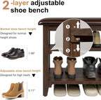 Shoe Bench Storage with Leather Cushion, Rustic Solid Wood Entryway Bench with 2 Height-Adjustable and Removable Shelves for Hallway, Living Room, Mudrooms (Dark Brown,39.4")