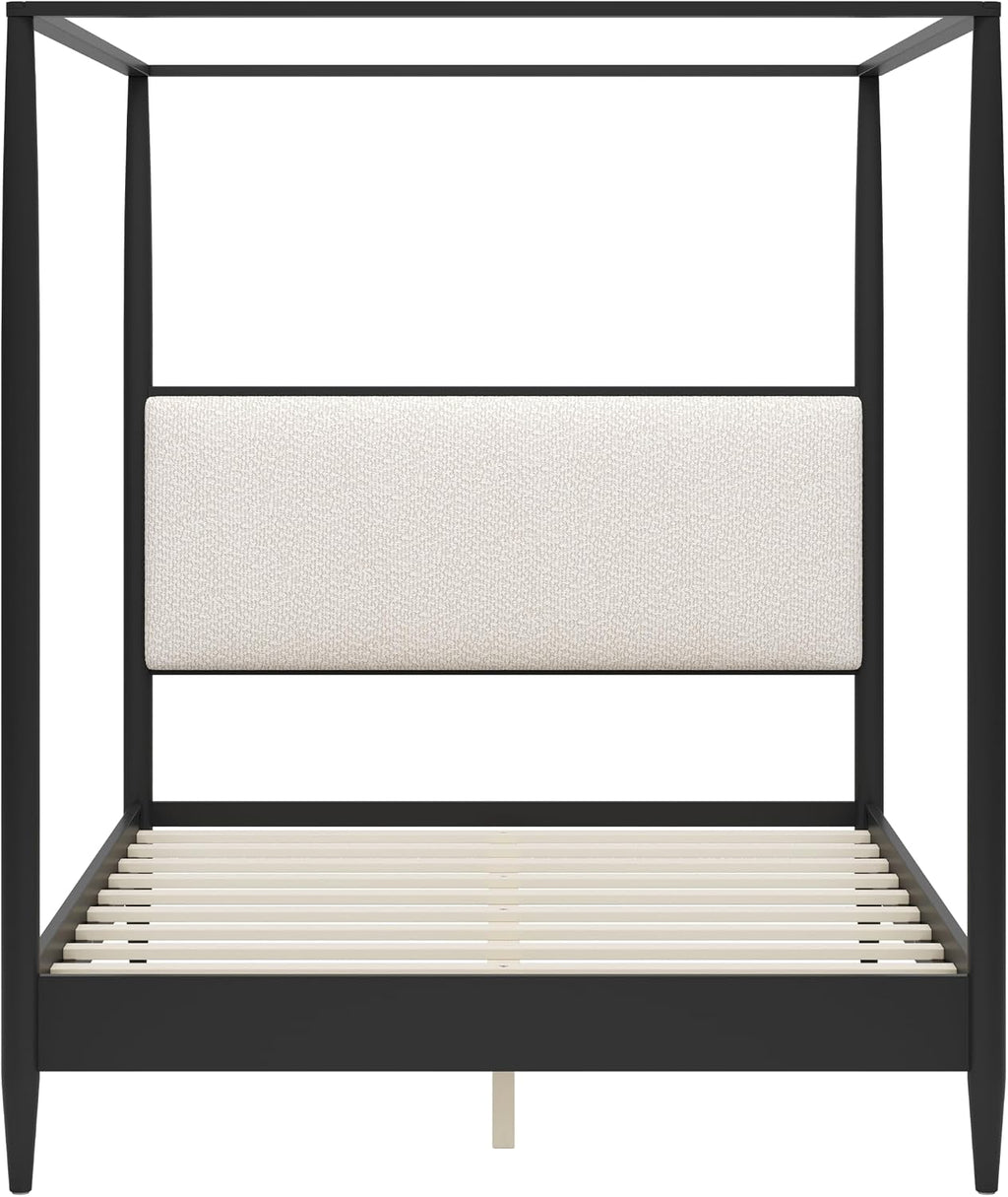 Merax Black Queen Size Canopy Bed Frame with Boucle Headboard and 4 Poster