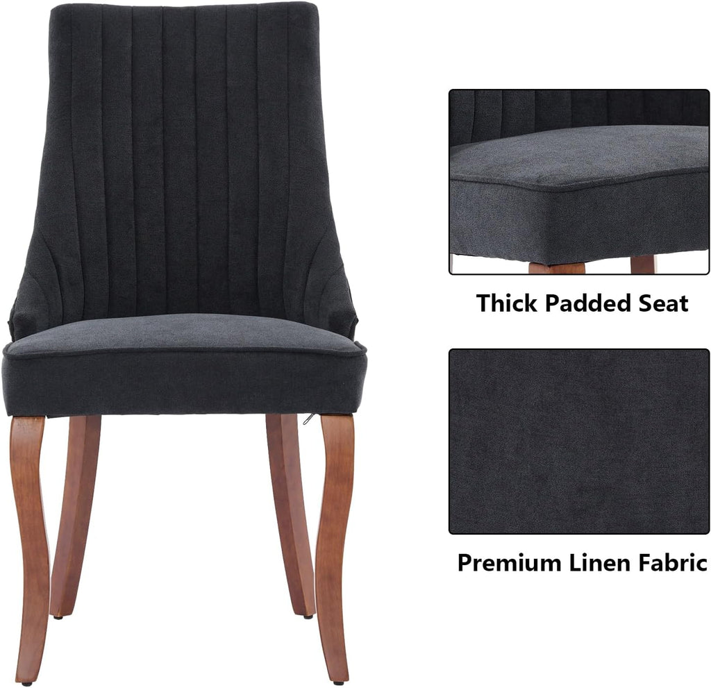 Aoowow Linen Upholstered Black Dining Chairs Set of 2,Farmhouse Channel Tufted Accent Side Chair High Back,Sillas De Comedor,Armless Neutral Fabric Kitchen Chair Solid Wood Legs (Rustic Black 1 Pair)