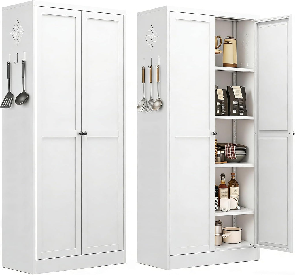 Metal Pantry Cabinet, Kitchen Pantry Storage Cabinets | with Doors and 4 Shelves, White Kitchen Pantry Cabinet for Home Office Living Room