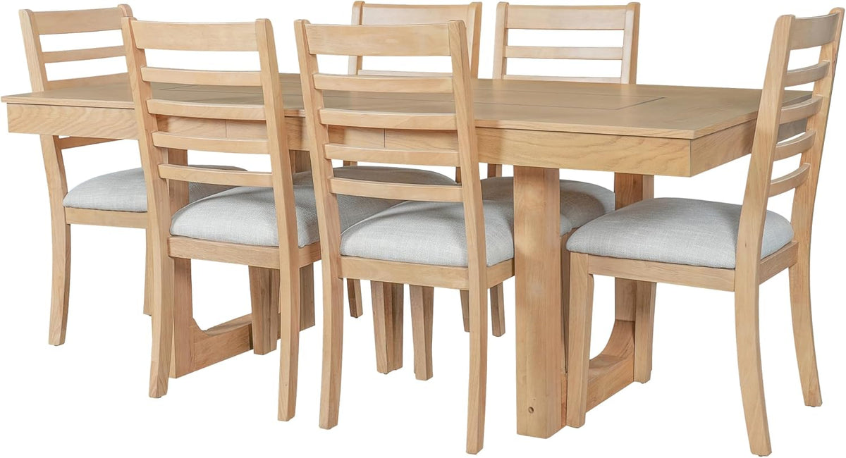 P PURLOVE 7 Piece Extendable Dining Table Set, Wooden Rustic Extendable Table with 18" Move Leaf and 6 piece Upholstered Chairs for Dining Room, Kitchen (Natural)