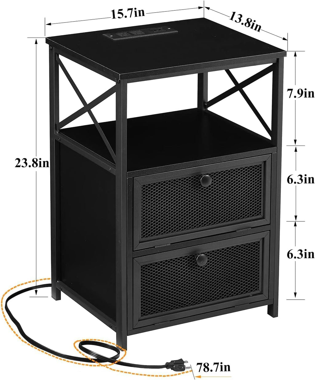 VECELO Black End Table with USB Ports and Outlets,24 Inch Nightstands with Charging Station and Storage Shelf for Bedroom,Living Room, 1 Set