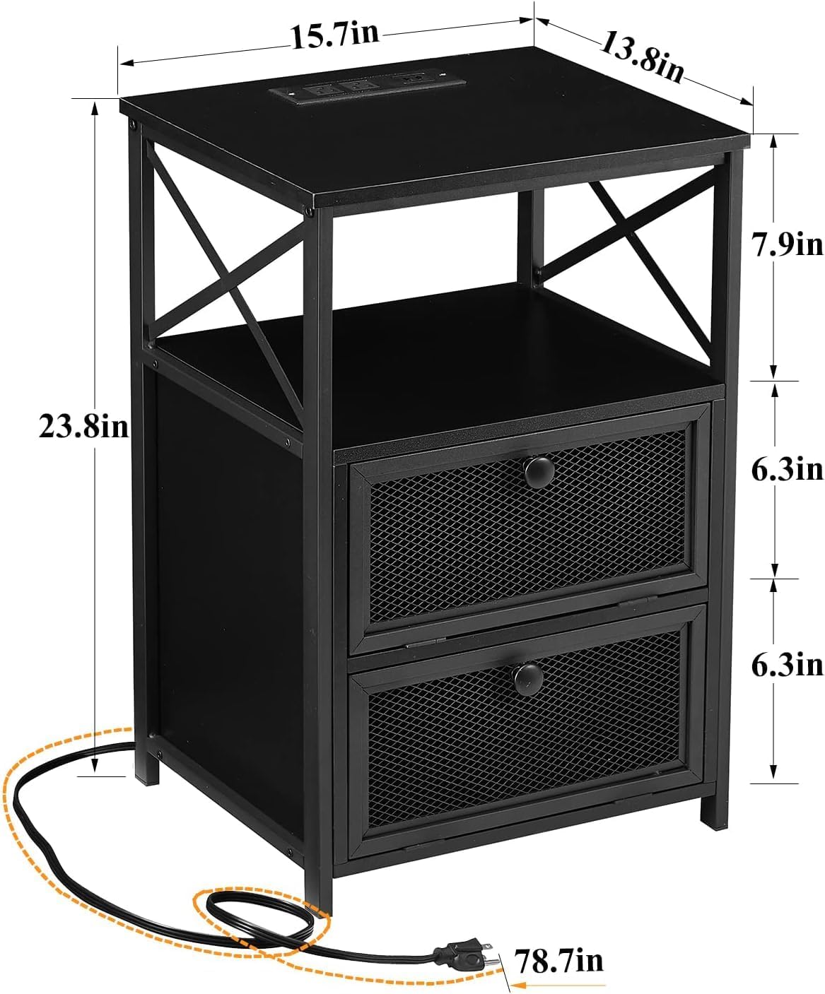 VECELO Black End Table with USB Ports and Outlets,24 Inch Nightstands with Charging Station and Storage Shelf for Bedroom,Living Room, 1 Set