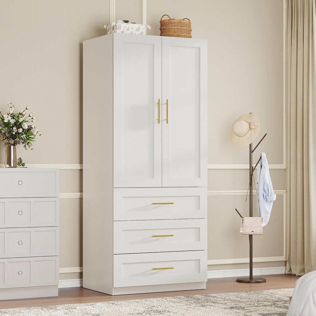White Armoire Wardrobe Closet: 75" Large Wardrobe Closet with 6 Drawers, Bedroom Armoires with 4 Doors, Wooden Tall Closets Cabinet for Hanging Clothes (63")