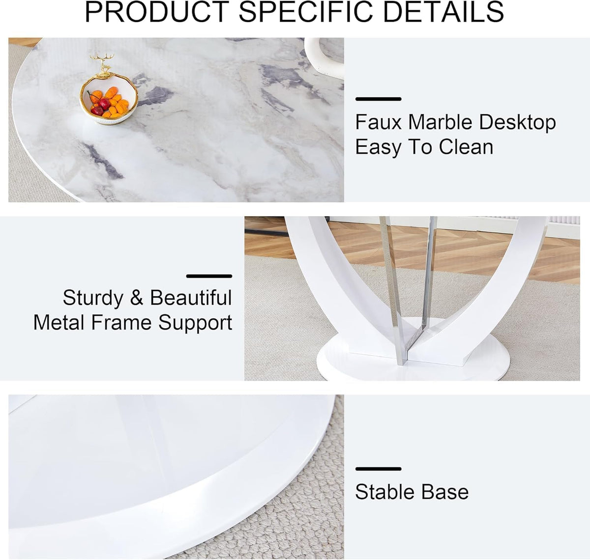 47" White Round Glass Dining Table Set 4 | Marble Pattern Kitchen Table with 4 PU Chairs, Modern High Glossy White Base Table for Kitchen Dining Room