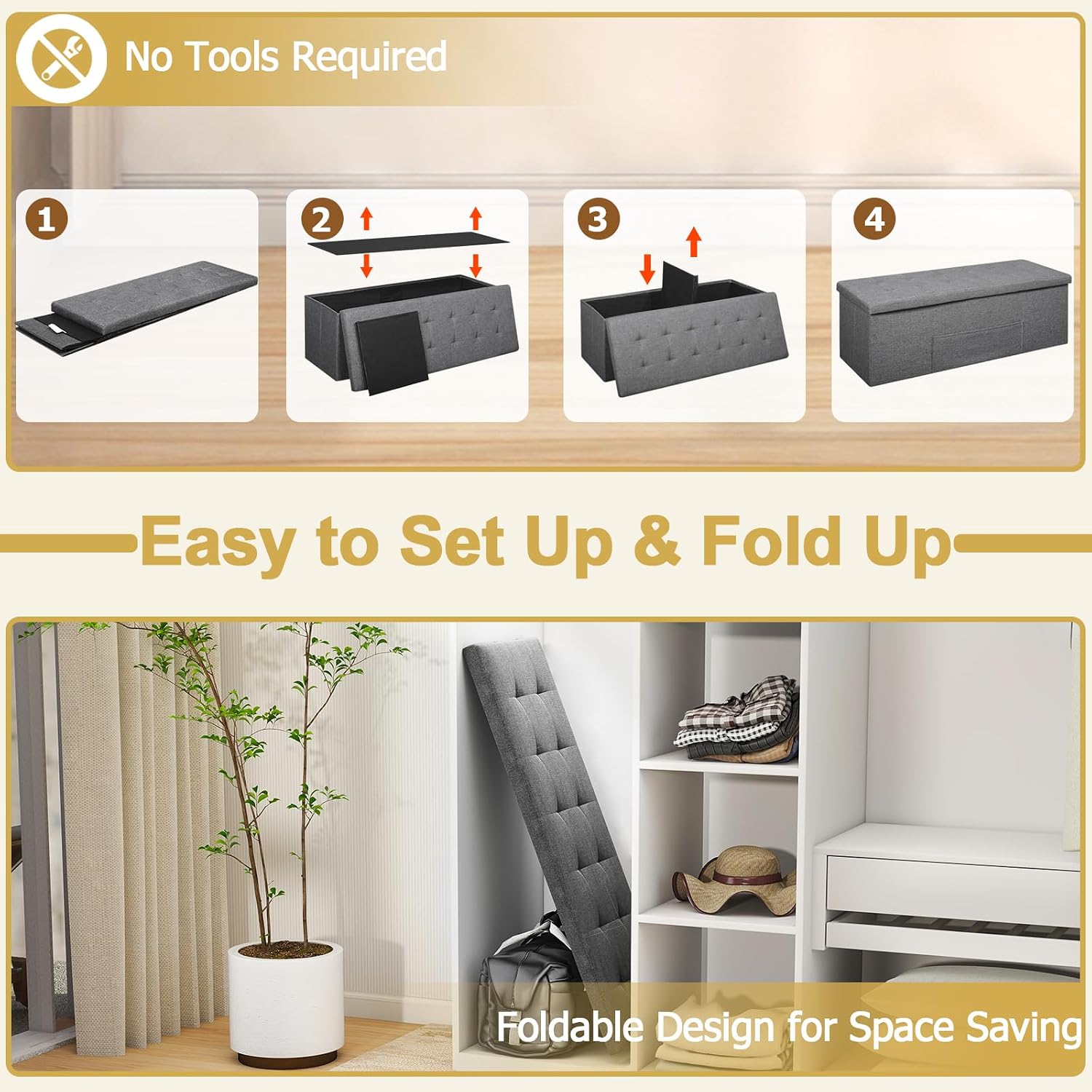 43" Folding Storage Ottoman Bench, End of Bed Foot Rest Stool with Removable Divider & Side Pocket, Storage Chest for Entryway, Living Room, Bedroom, 660 lbs Weight Capacity (Dark Grey)