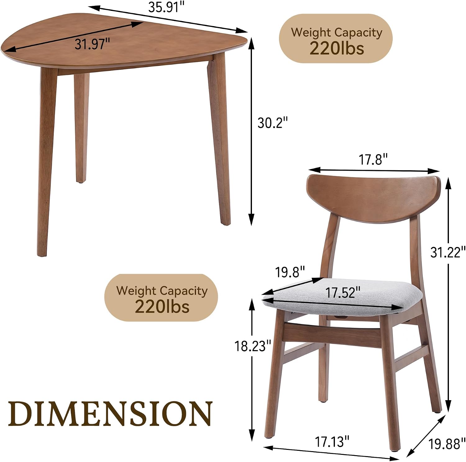P PURLOVE Modern 3 Piece Table Set, Triangular Table and 2 Curved Wood Chairs for Living Room, Dining Room, Kitchen, Small Space, Minimalist Space-Saving (Light Brown)