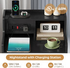 ADORNEVE Black Nightstand Set of 2,Bedside Table with 4 Drawers | Night Stand with Charging Station & Hutch,Large Nightstands Set of 2,Night Stands for Bedrooms,Side Tables Bedroom
