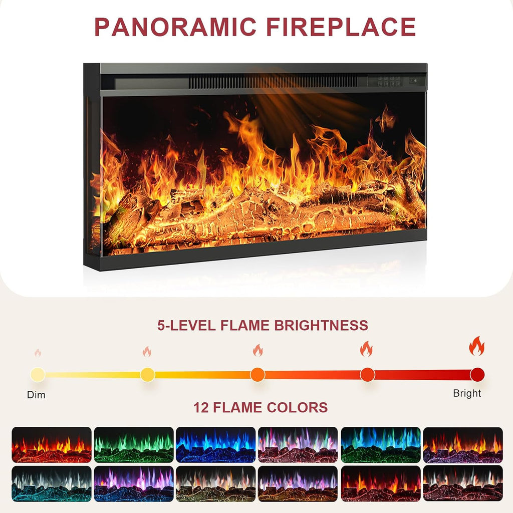 oneinmil 70" Fireplace TV Stand with 3-Sided Glass Fireplace, Modern Wood Entertainment Center with LED Lights and Glass Door, 36" Fire Place TV Stands for Living Room, Black