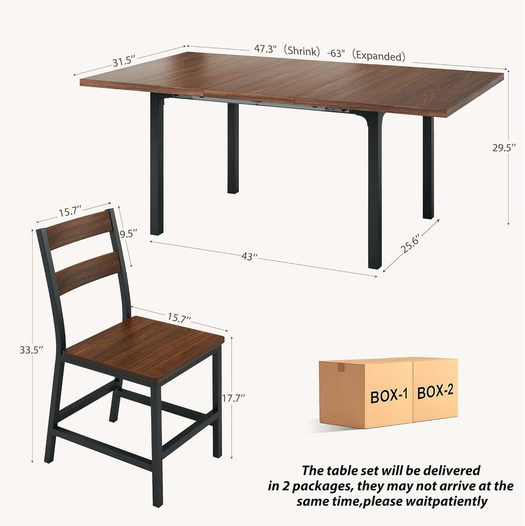 HUAHUU 7-Piece Dining Table Set for 6, 63" Extendable Kitchen Table with Curved Backrest Chairs, Dining Room Table with Solid Metal Frame & MDF Board, Easy Assembly, Walnut