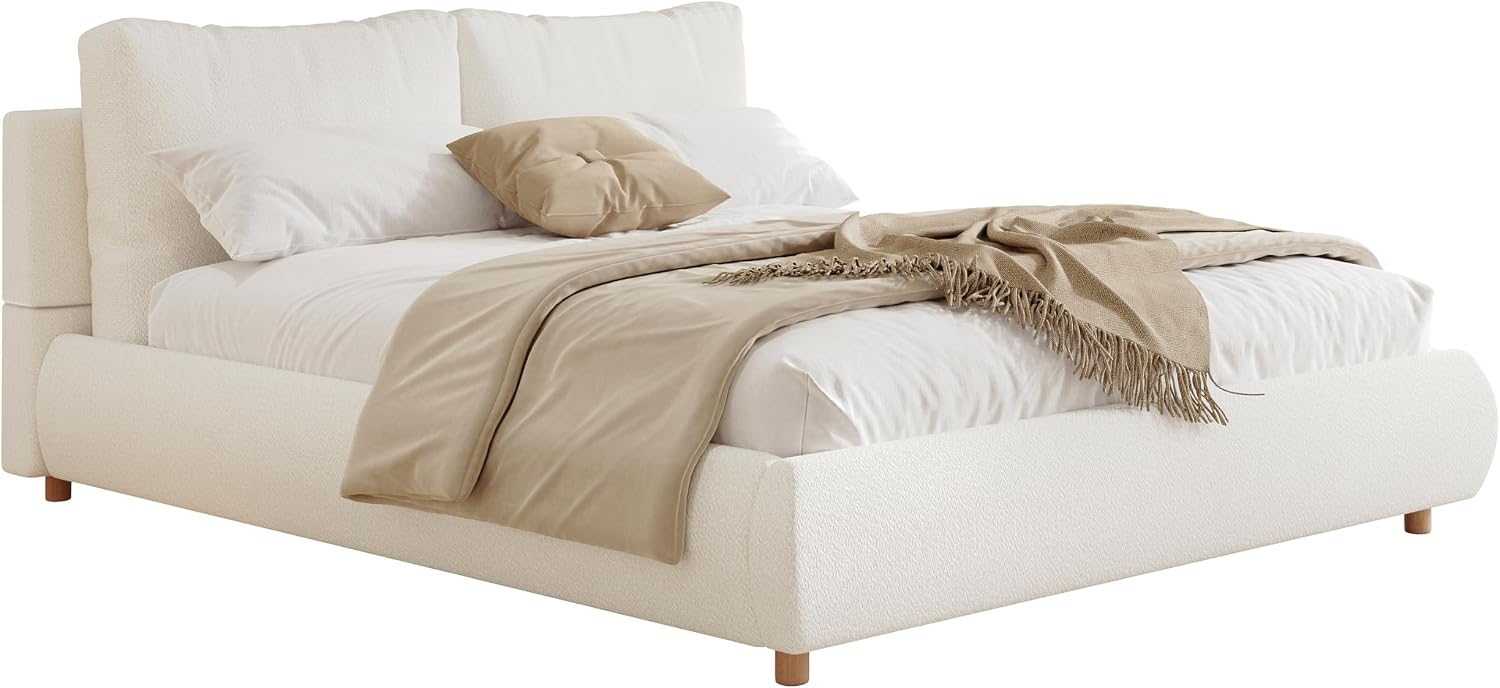Merax King Boucle Platform Bed with 2 Removable Headboard Pillows, White