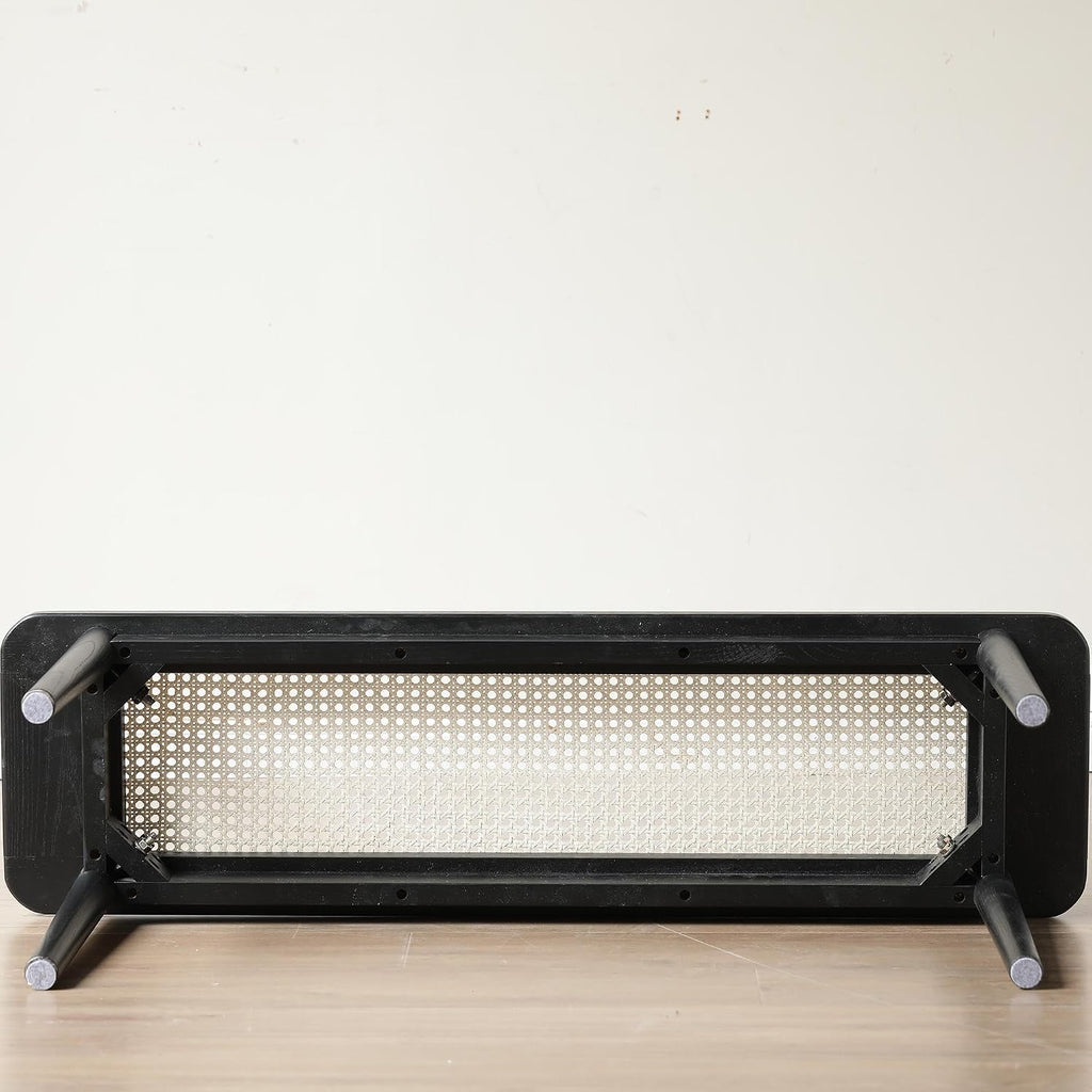 GDFStudio 47.24" Solid Oak Wood Dining Bench with Handwoven Rattan Seat, Modern Mid-Century Entryway Bench, End of Bed Bench for Bedroom Living Room, Black