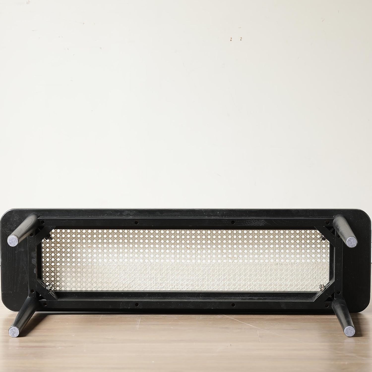 GDFStudio 47.24" Solid Oak Wood Dining Bench with Handwoven Rattan Seat, Modern Mid-Century Entryway Bench, End of Bed Bench for Bedroom Living Room, Black