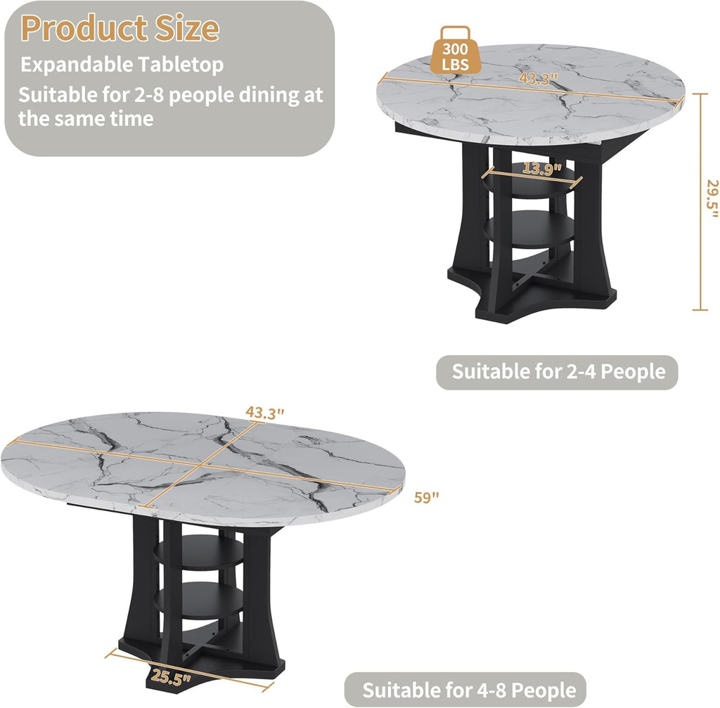 Extendable Dining Table 43"-59" for 4-6, White Faux Marble Round Kitchen Dining Room Table with 2 Tier Storage Shelves, Expandable Round to Oval Dinner Table with Storage for Kitchen Living Room